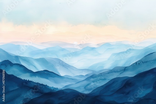 Serene watercolor landscape of blue mountain silhouettes fading into the horizon under a soft pastel sky, perfect for backgrounds. © Jeannaa