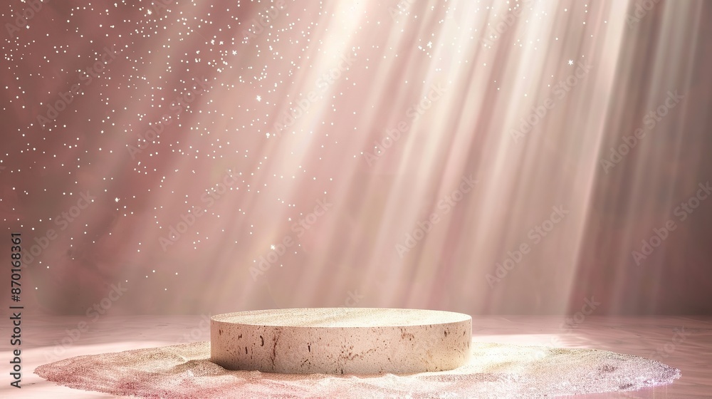 Fototapeta premium Solid Light Background with Stone Podium at the Bottom, Glitter Effect