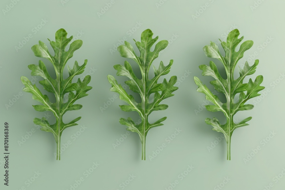 Three fresh green arugula leaves arranged on a light green background, perfect for healthy eating and culinary themes. Three fresh green arugula leaves arranged on a light green background, perfect for healthy eating and culinary themes.