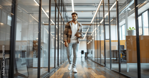 Young businessman with iPad walking through modern minimalistic glass office full body portrait of confident professional executive © btiger