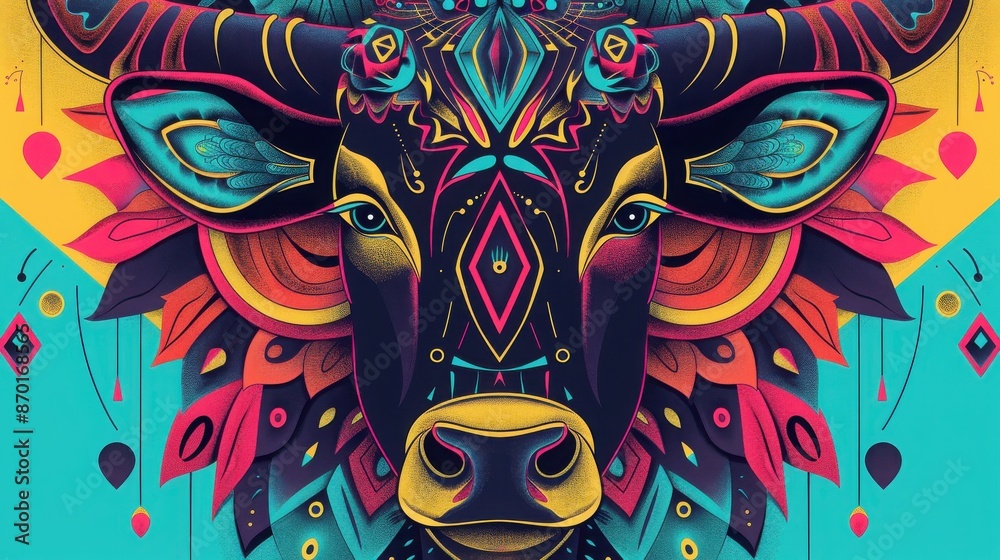 Vibrant digital artwork of a bull's head with intricate, colorful patterns and abstract elements on a turquoise background.