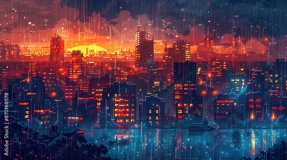 Fototapeta premium Vibrant digital artwork cityscape dusk, illuminated colorful lights reflections during enchanting rainy evening.