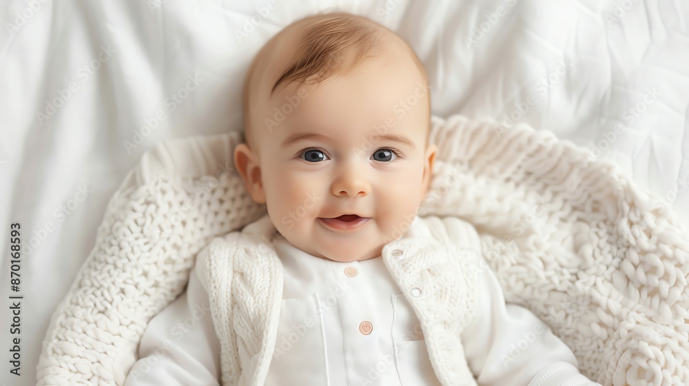 A baby girl lying on a white blanket, smiling and looking at the camera. A baby girl lying on a white blanket, smiling and looking at the camera.
