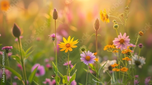 The beauty of summer wildflowers blooming along roadsides and fields, adding splashes of color to the landscape and attracting bees and butterflies. © peerawat