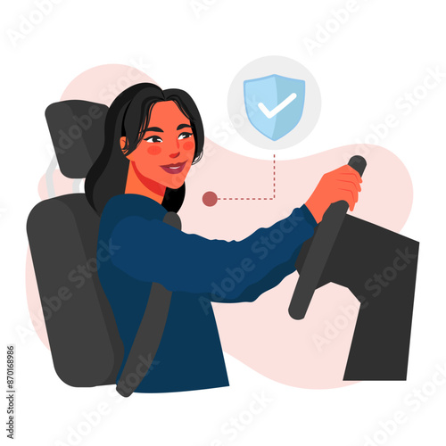 woman driving in a car with safety belt in flat illustration