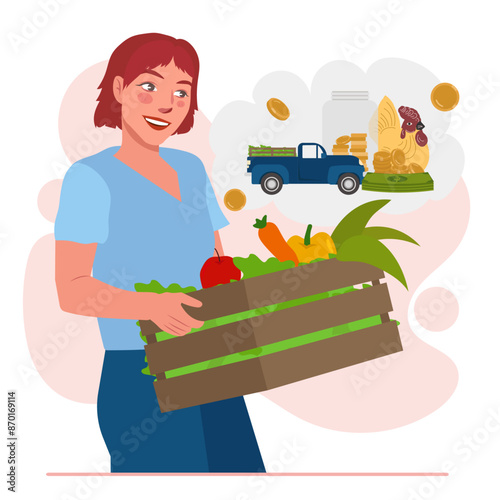 woman farmer carrying produce veggies with financial dream illustration