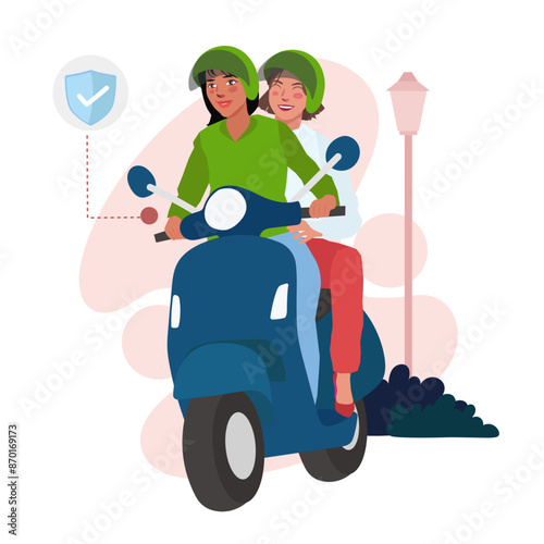 woman hustling as an online riding bike safely in flat illustration