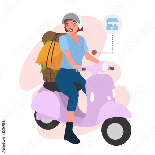 woman riding motorbike to sell produce at local market illustration