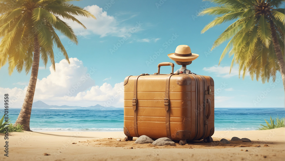 Fototapeta premium Large suitcase with a hat, looking out at the sea.