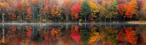 Colorful autumn foliage reflecting on a calm lake for picturesque and serene fall landscape with vibrant seasonal colors