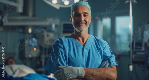 Confident smiling middle-aged male surgeon in operating room with arms crossed
