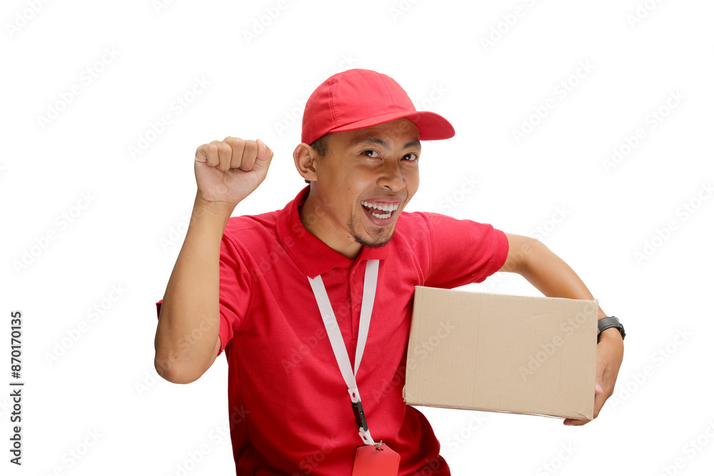 Asian delivery man or courier gesturing a knocking-the-door gesture, symbolizing delivering a package to the customer's front door, representing express delivery concept, isolated on white background Asian delivery man or courier gesturing a knocking-the-door gesture, symbolizing delivering a package to the customer's front door, representing express delivery concept, isolated on white background