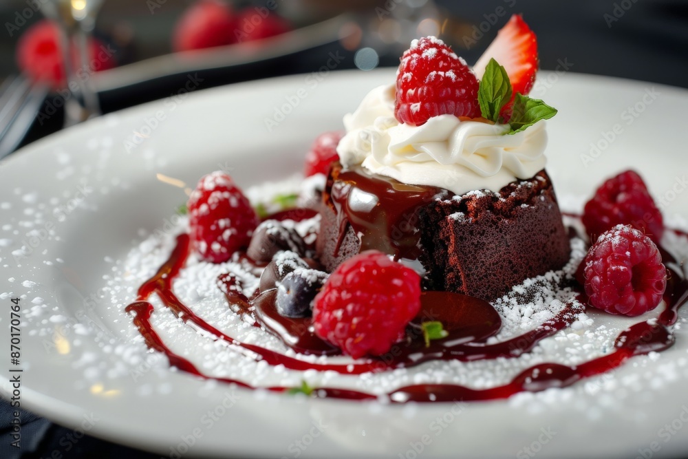 Chocolate Lava Cake with Whipped Cream and Raspberries Chocolate Lava Cake with Whipped Cream and Raspberries