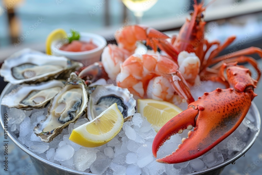 Lobster and Oysters Seafood Platter on Ice Lobster and Oysters Seafood Platter on Ice