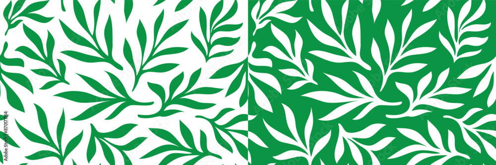 Fototapeta premium Seamless green Matisse plant pattern. Minimal abstract floral tropical reprint. Freehand doodle collage. Organic leaf background, simple
