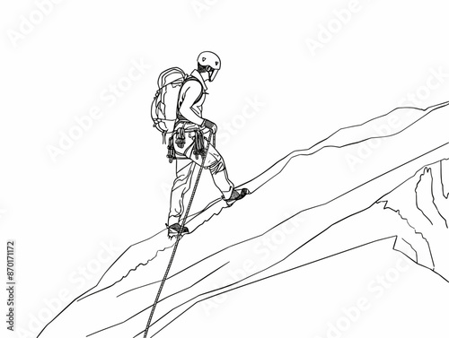 Risk-Taker in Motion: Mountain Climber's Calculated Ascent with Safety Rope