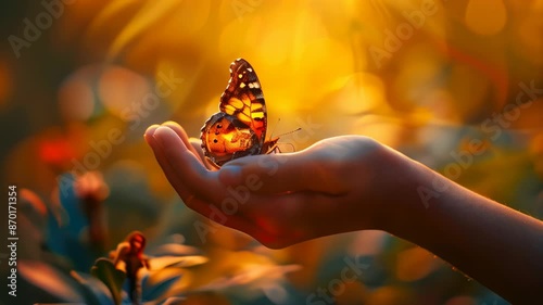 Butterfly landing on hand at sunset
