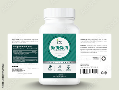 Food supplement vitamin medicine label sticker design dietary drug capsule and tablet modern bottle jar box packaging.