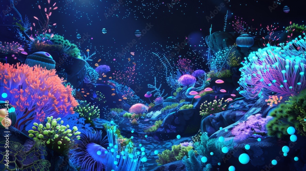 Fototapeta premium Neon Sci-Fi Wonderland: Underwater Coral Reef Bioluminescence