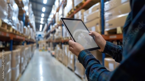 Person using a tablet for real-time tracking of goods in a distribution center.  © Borin