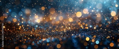 Blue Glitter Background With Golden Bokeh Lights
