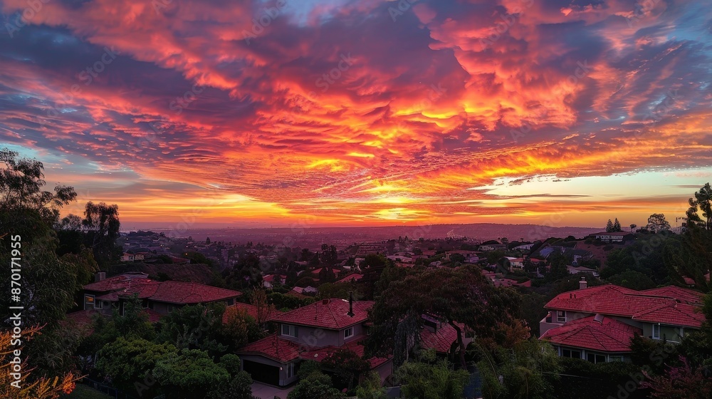 Fototapeta premium The calming effect of a sunset over a suburban neighborhood, the sky turning into a canvas of warm colors, offers a moment of peace and reflection.