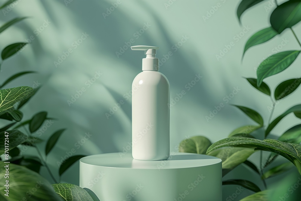 White Pump Bottle on Green Pedestal with Leaves for Minimalistic Cosmetic Mockup White Pump Bottle on Green Pedestal with Leaves for Minimalistic Cosmetic Mockup