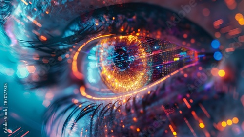 Detailed Cybernetic Eye Closeup with Vibrant Neon Lights and Digital Interface