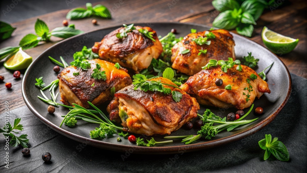 Juicy And Tender Chicken Thighs With Crispy Skin, Seasoned With Aromatic Herbs And Spices, Served On A Black Plate. Juicy And Tender Chicken Thighs With Crispy Skin, Seasoned With Aromatic Herbs And Spices, Served On A Black Plate.