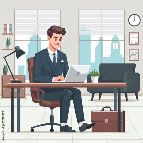 Modern business character working in an office, dressed smartly in a suit, and using a laptop