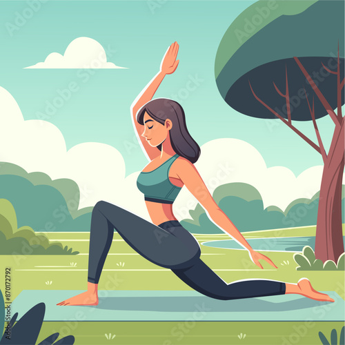 young woman in athletic wear, performing a yoga pose on a mat in a park