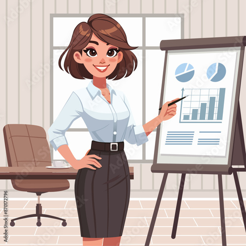 a successful, confidence and enthusiasm businesswoman character with short stylish hair, wearing a blouse and pencil skirt, presenting a project in front of a whiteboard in a conference room.