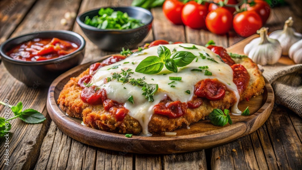 Delicious crispy chicken parmesan topped with melted mozzarella cheese and marinara sauce, served on a rustic wooden table setting.