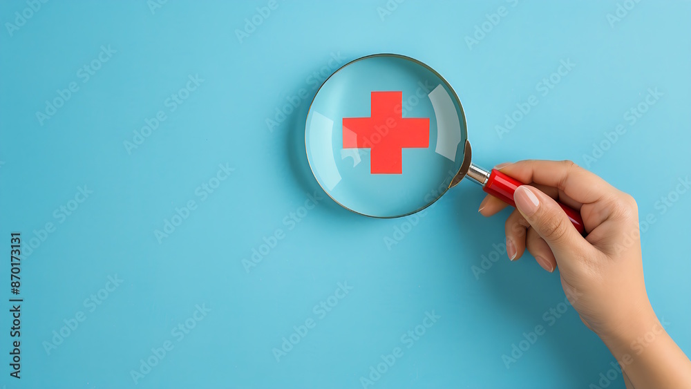 Magnifying glass over a red plus icon on a blue background. Magnifying glass over a red plus icon on a blue background.