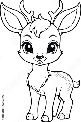 Coloring book page on a white background with a cute deer smily. line art drawing