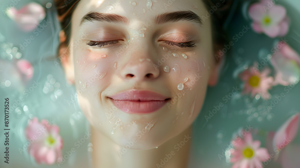 Serene Woman with Water Droplets on Face and Floating Flowers in Relaxing Spa Setting Serene Woman with Water Droplets on Face and Floating Flowers in Relaxing Spa Setting