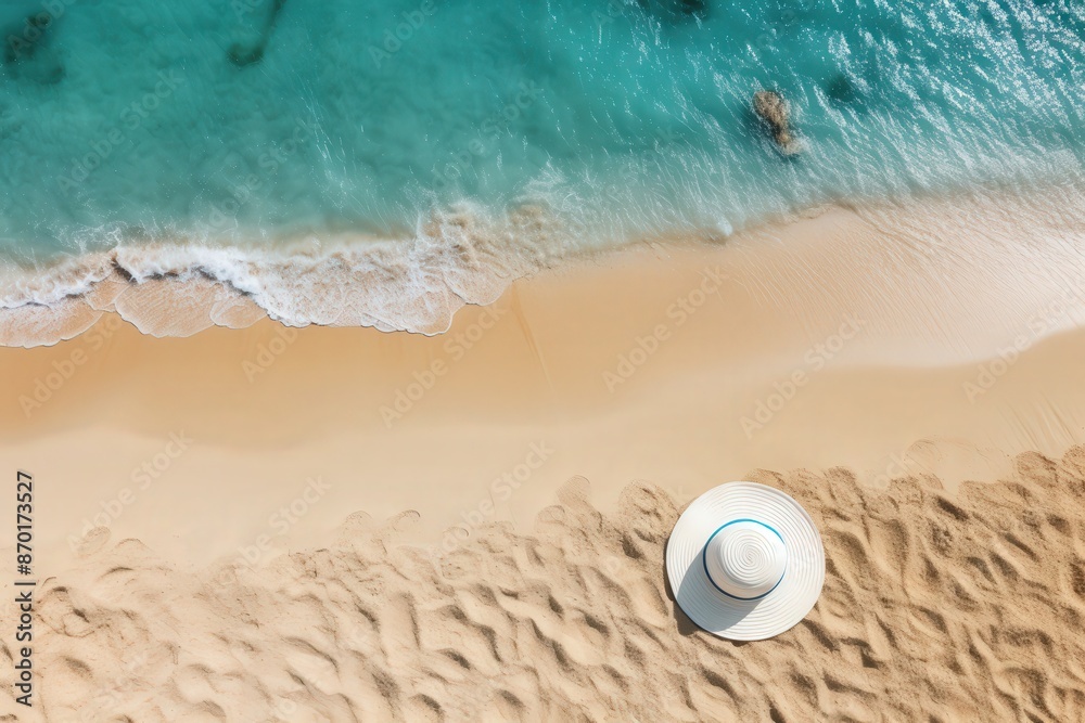 Obraz premium Overhead View of a Sandy Beach with Turquoise Water and a White Sun Hat