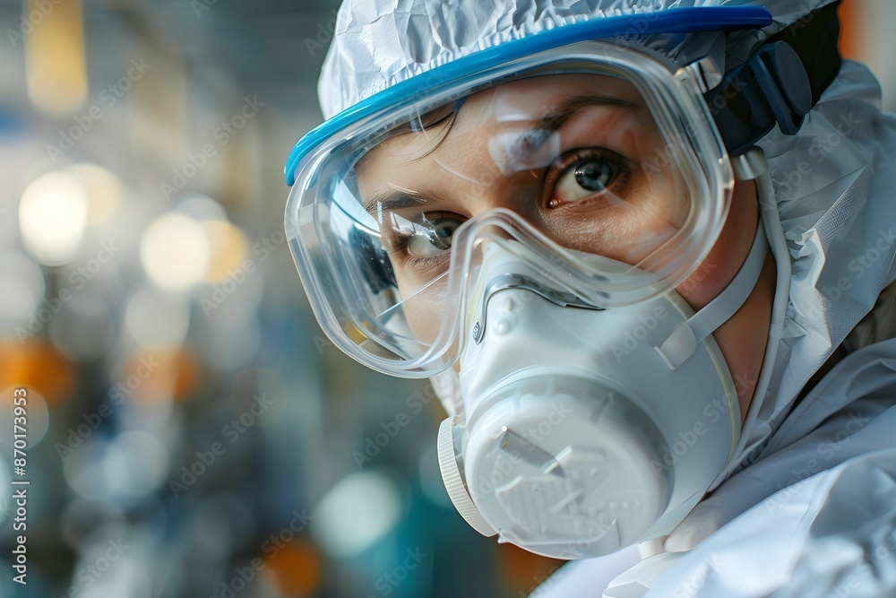 A person is fully equipped in a chemical protective suit, which covers their entire body to shield them from hazardous substances. Additionally, they are wearing a protective mask on their face.
