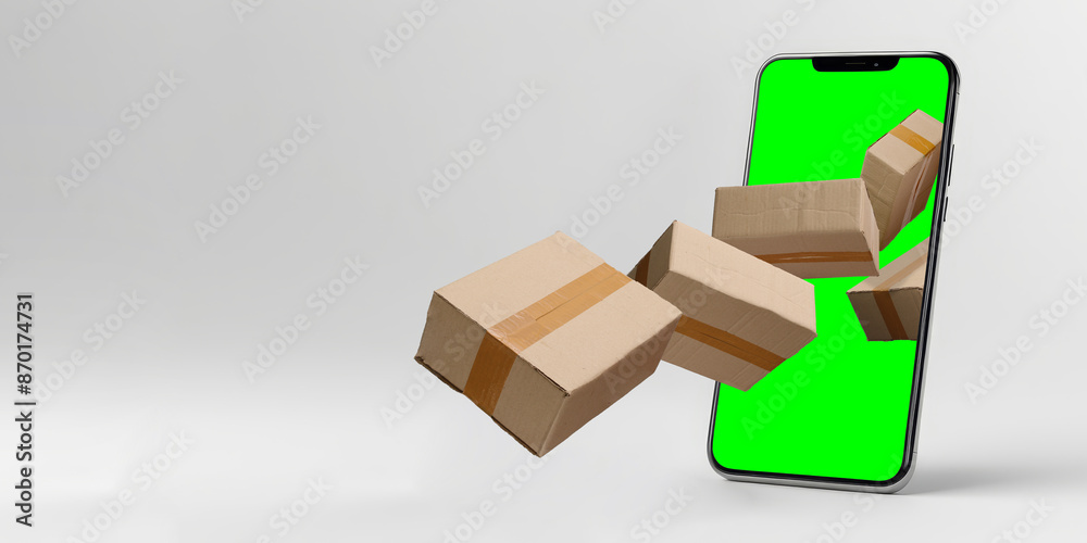 Cardboard boxes protrude from a mobile phone with a green screen, symbolizing modern delivery and shipment services. Concept of e-commerce and logistics in the digital age, Isolated on white backdrop Cardboard boxes protrude from a mobile phone with a green screen, symbolizing modern delivery and shipment services. Concept of e-commerce and logistics in the digital age, Isolated on white backdrop