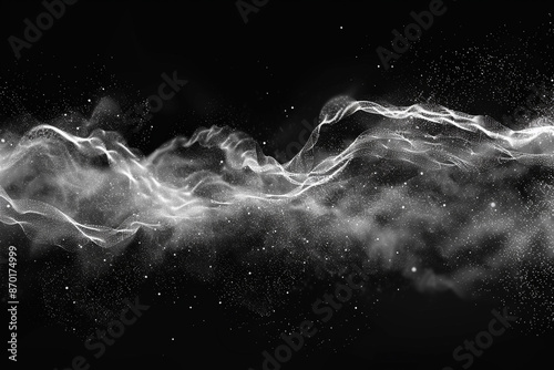3D rendering dust dolden digital particles web line flow abstract technology on dark background. photo