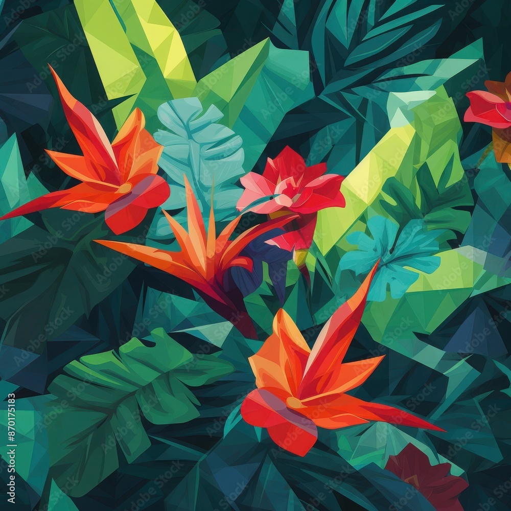 Colorful tropical leaves and flowers in a geometric art style, highlighting vibrant tones and artistic abstraction, media, wallpaper, wall art decor Colorful tropical leaves and flowers in a geometric art style, highlighting vibrant tones and artistic abstraction, media, wallpaper, wall art decor