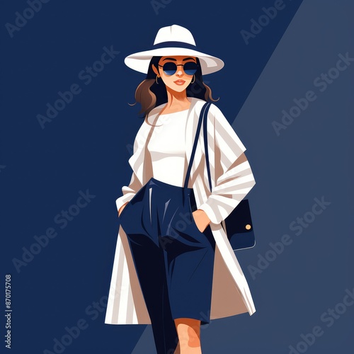 Stylish Woman in a White Hat and Sunglasses