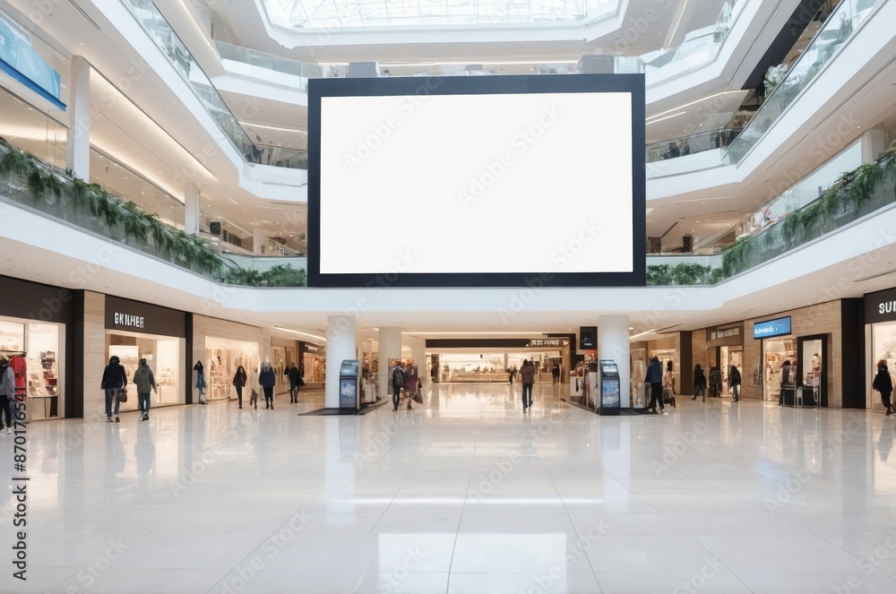 Large blank advertising screen hangs in middle of modern mall surrounded shoppers and storefronts Large blank advertising screen hangs in middle of modern mall surrounded shoppers and storefronts