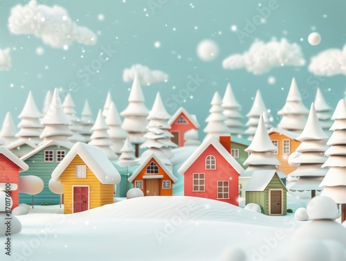 Charming winter village with colorful houses and snow-covered pine trees. Serene landscape perfect for holiday cards and decorations. © Tonton54