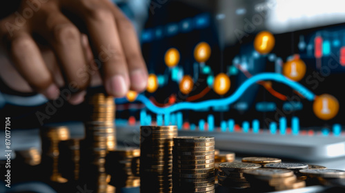 Person stacking gold coins with glowing upward arrow chart