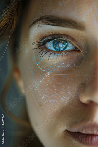 Young woman with iris scanning, close-up, biometric technology photo