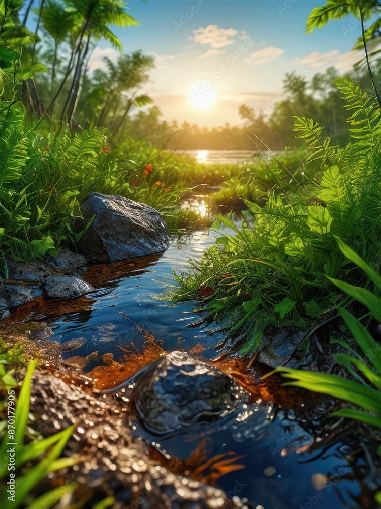 Tranquil Stream in a Tropical Forest at Sunset. Tranquil Stream in a Tropical Forest at Sunset.