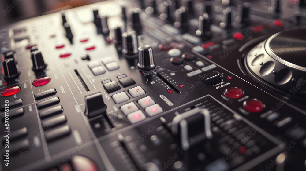 Close-up View of Modern DJ Setup with Controller and Mixer Close-up View of Modern DJ Setup with Controller and Mixer