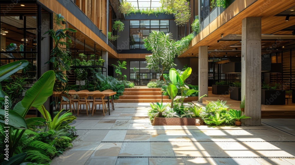 Modern office lobby with lush green plants, wooden furniture, and natural light creating a serene workspace ambiance. Modern office lobby with lush green plants, wooden furniture, and natural light creating a serene workspace ambiance.