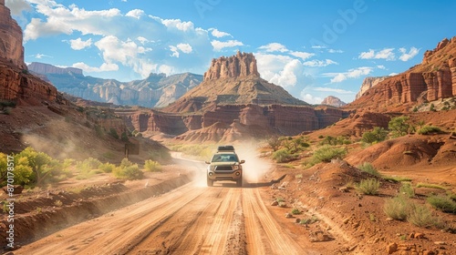 Off-road vehicle driving through stunning desert landscape with rocky formations and blue skies, capturing the spirit of adventure and freedom. photo